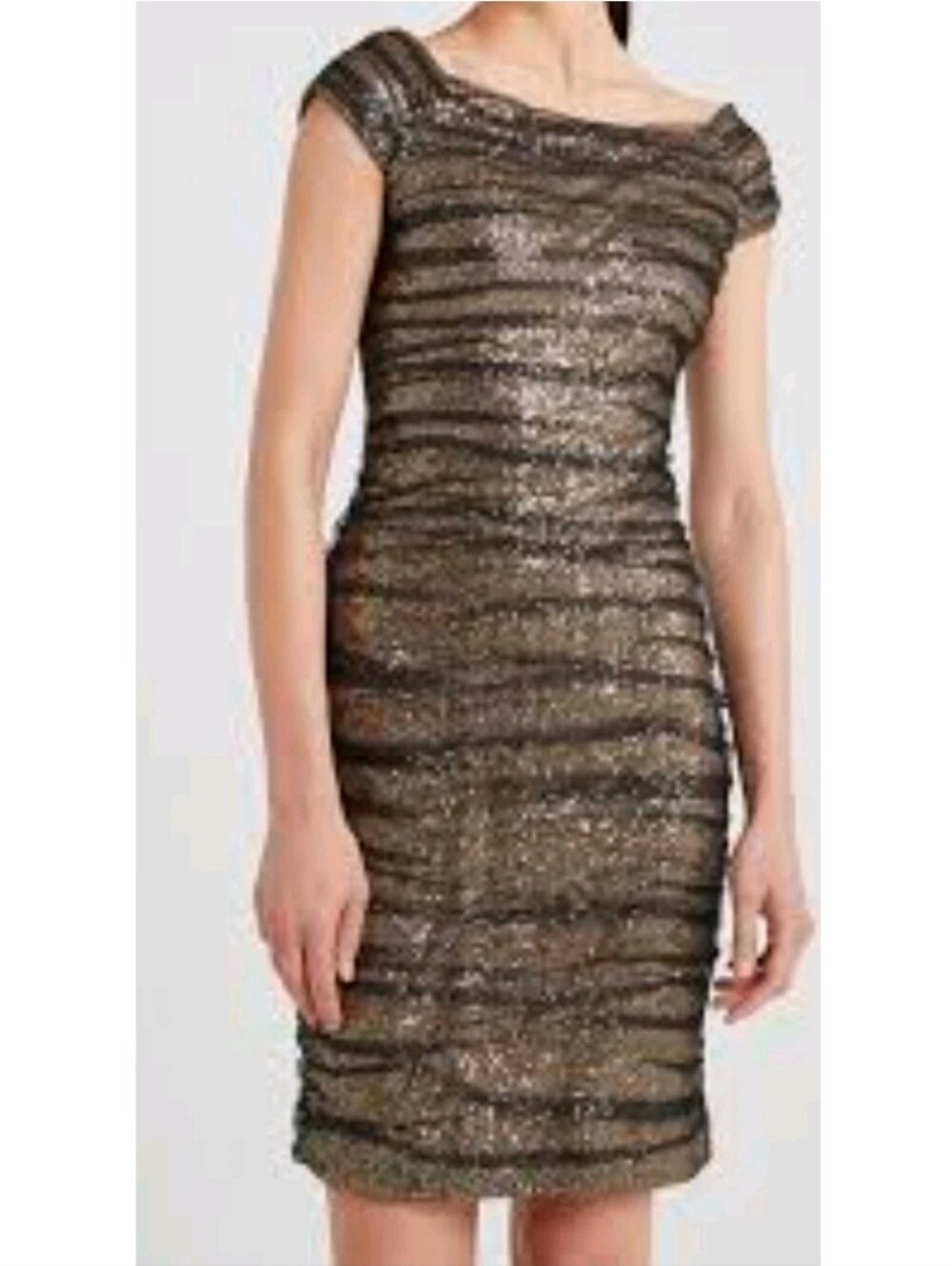Ralph Lauren Evening Mesh Rushed Sequin Sheath Dress 8 Black Gold Party Cocktail